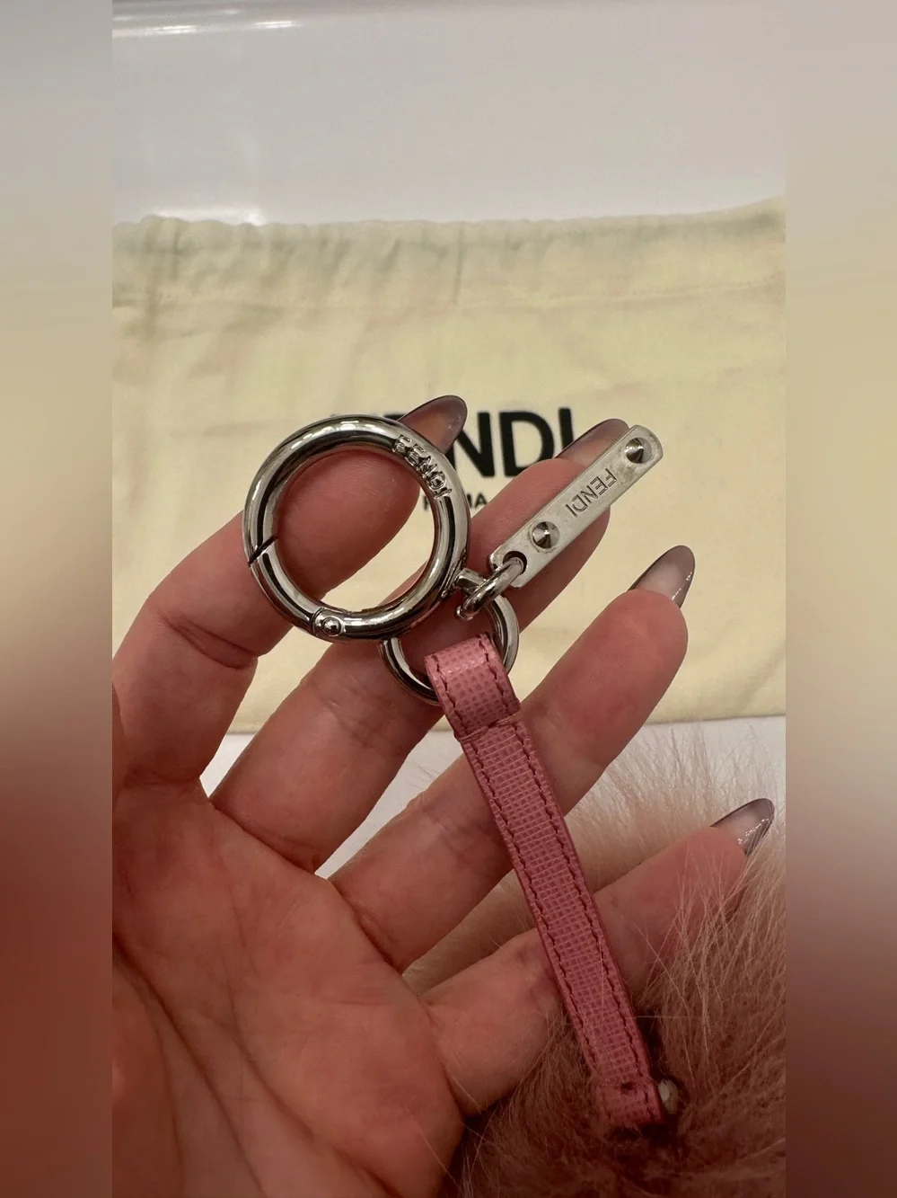 EUC Fendi Pom Pom Keychain in Dusty Pink